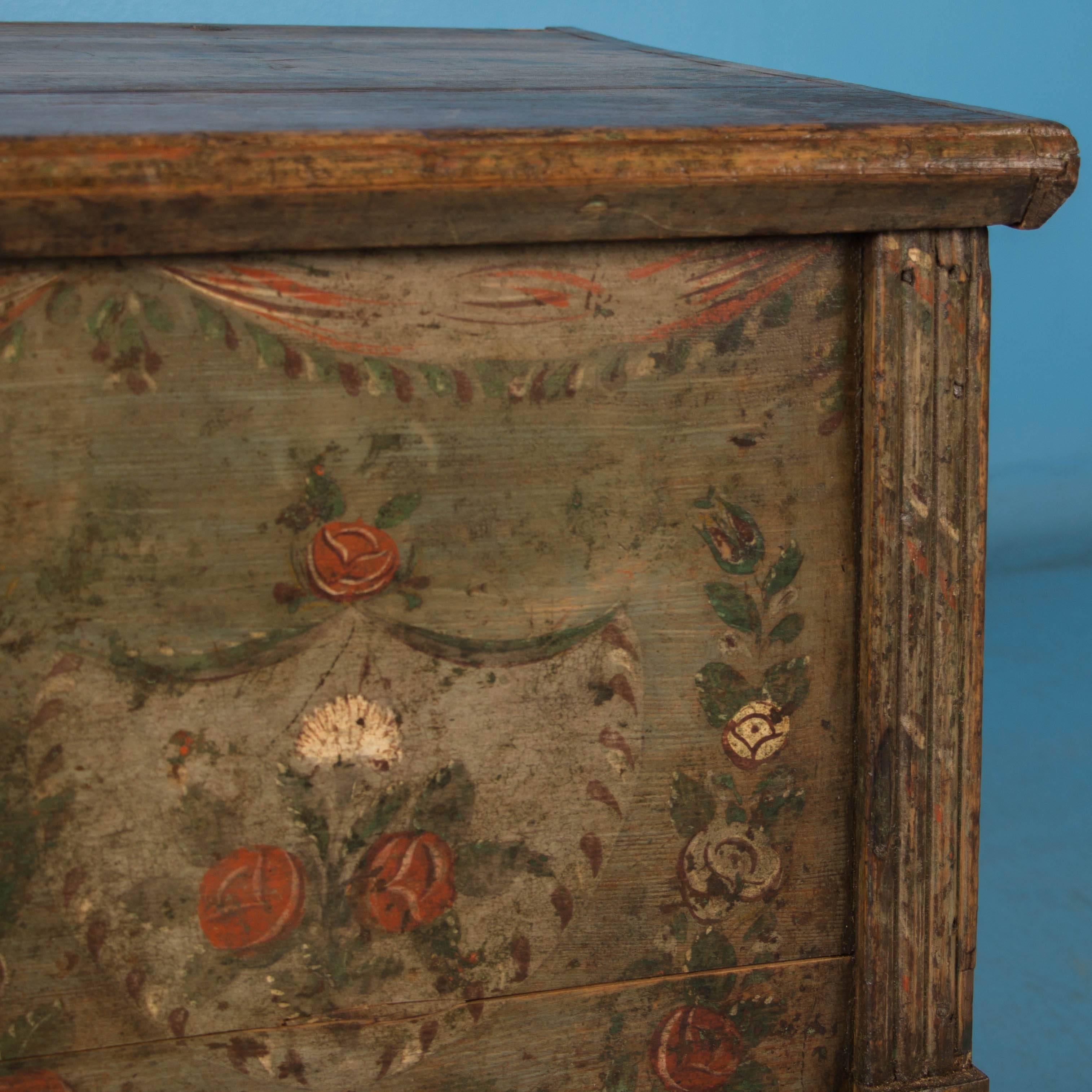 Flat Top Green Trunk with Original Painted Floral Details, circa 1840-1860 1