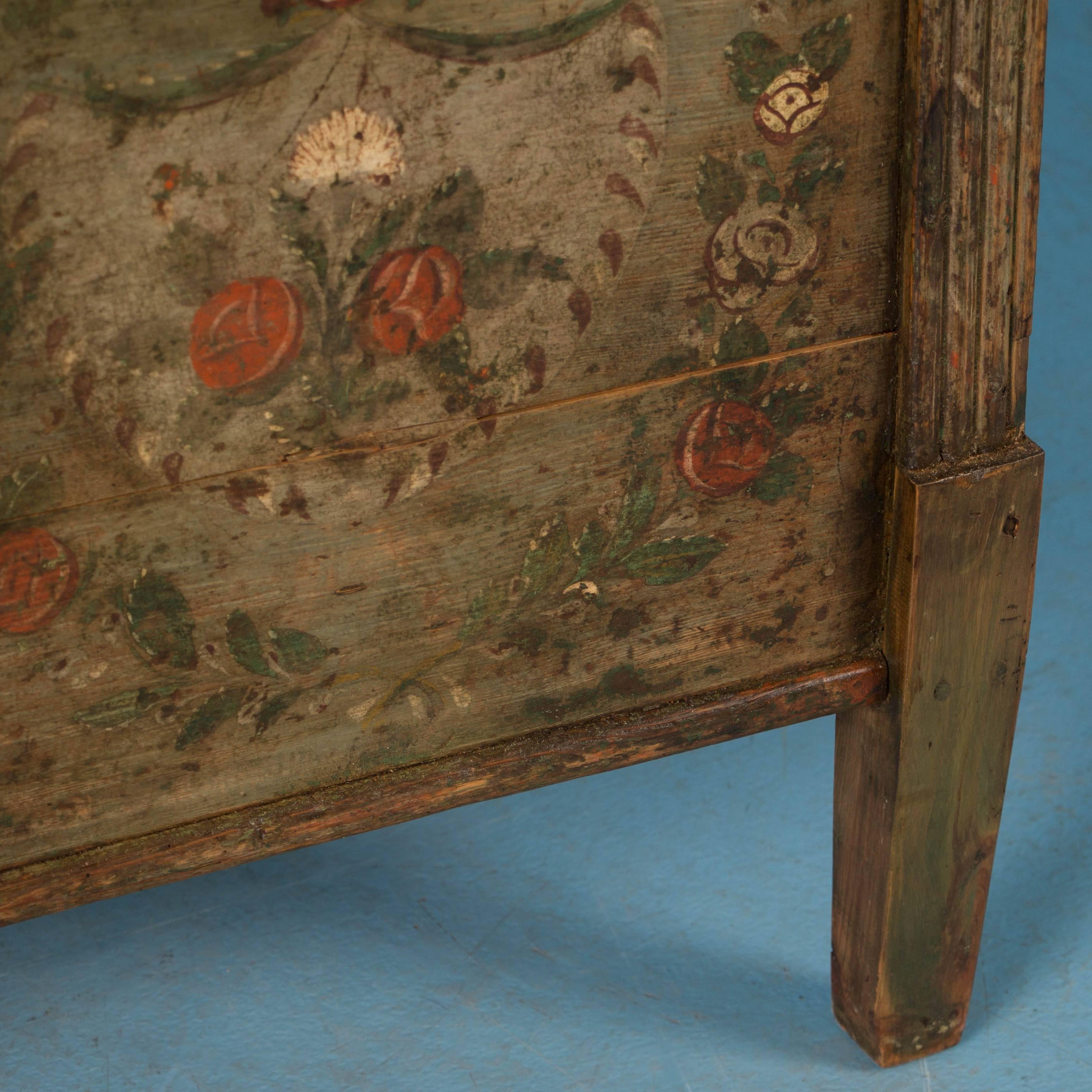 Flat Top Green Trunk with Original Painted Floral Details, circa 1840-1860 2