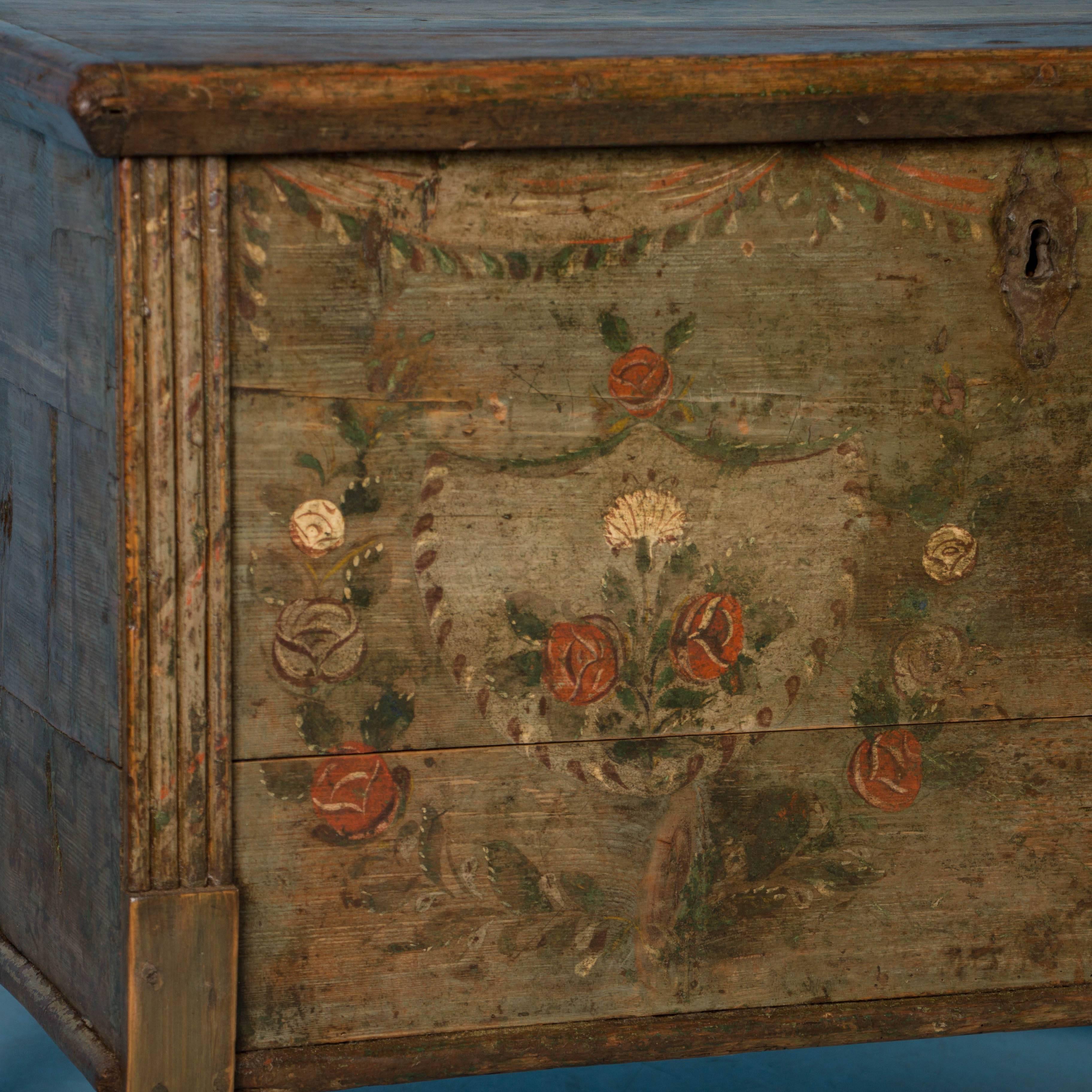 19th Century Flat Top Green Trunk with Original Painted Floral Details, circa 1840-1860