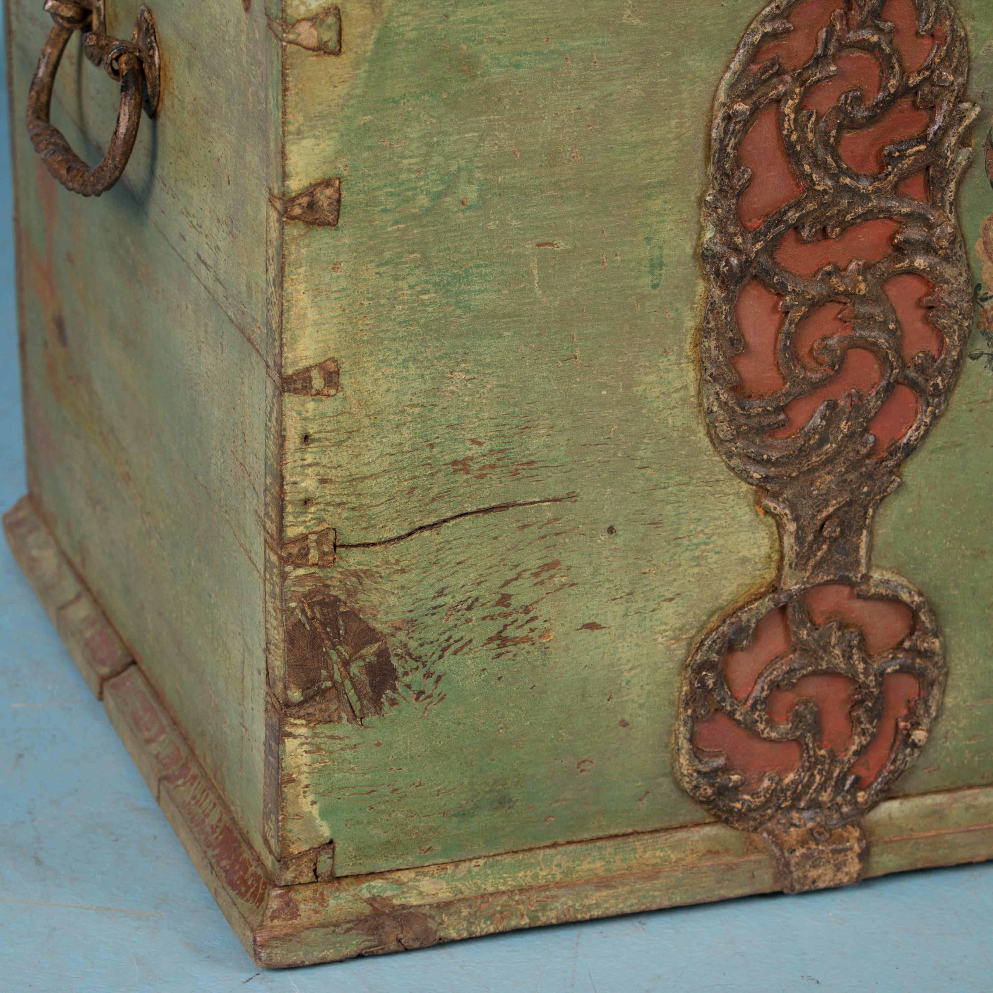Antique Swedish Dome Top Trunk with Original Green Paint 2