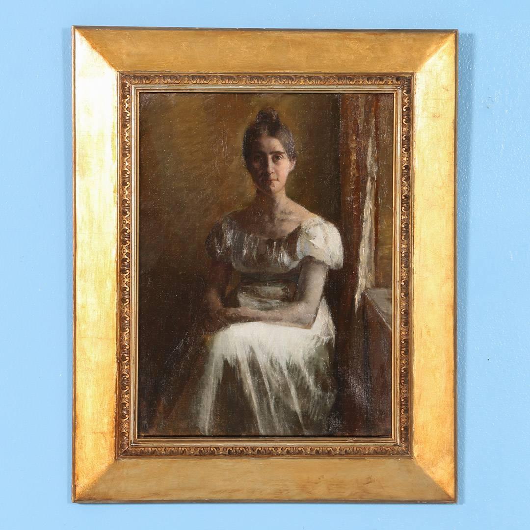 Portrait of a seated woman in white by Carl Thomsen (1847-1912), original oil painting on canvas. Originated from Carl Thomsen's family.