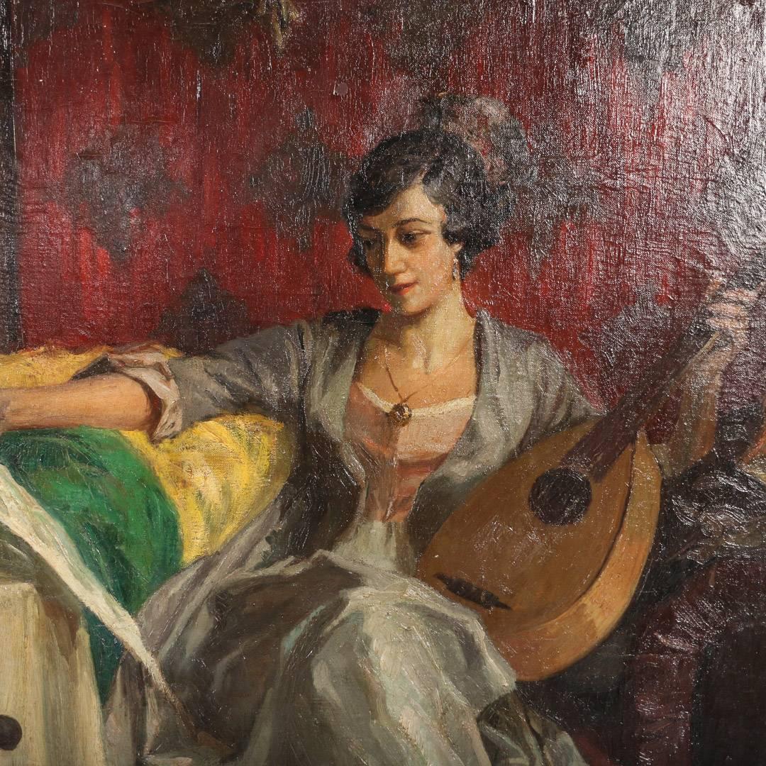 Portrait of reclined woman with music sheet and lute, oil on canvas. Signed and dated by German artist R. E. Stübner (Robert Emil Stübner 1874-1931). The light is lovely upon her white and gray gown with the red wall behind her providing contrast.