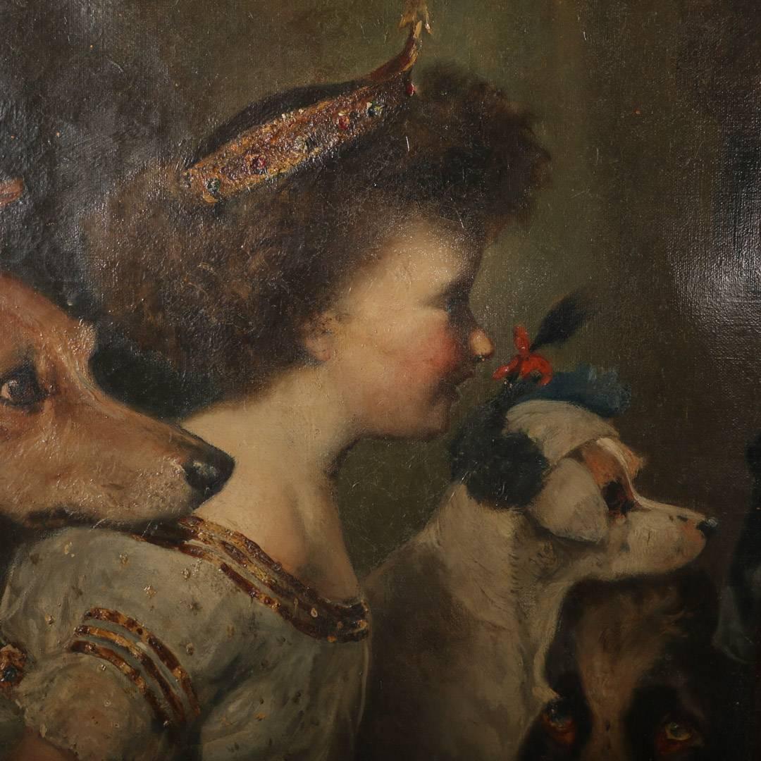 European Large Original Oil on Canvas, Young Girl in Party Dress with Dogs, circa 1800s