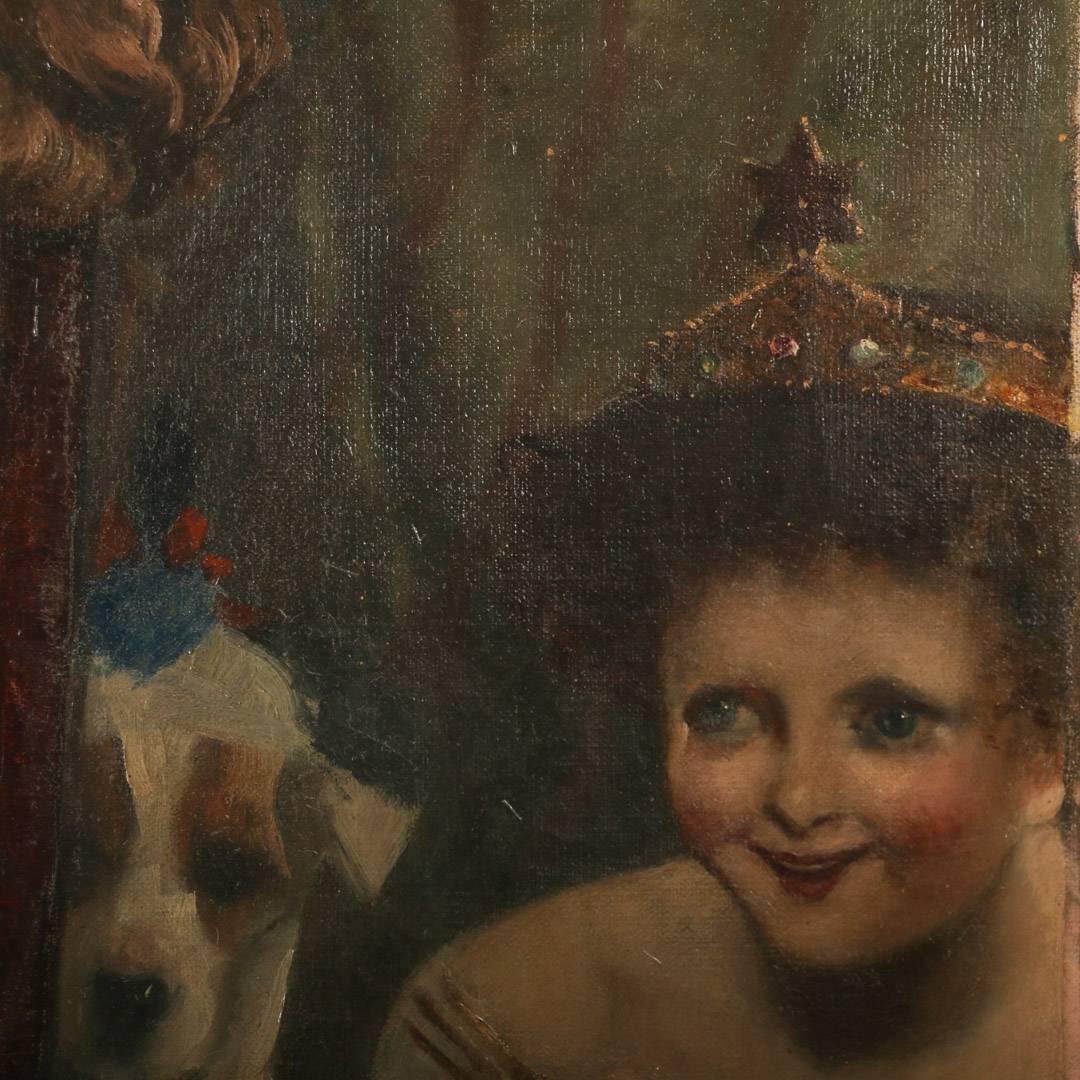 Large Original Oil on Canvas, Young Girl in Party Dress with Dogs, circa 1800s 1