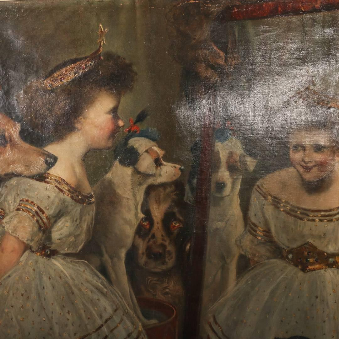 This large oil on canvas is enchanting due to the look of delight in the young girl's face as she peers into the mirror along with several dogs at her side. Examine the close up details to appreciate the jeweled tiara she wears, her rosy cheeks and