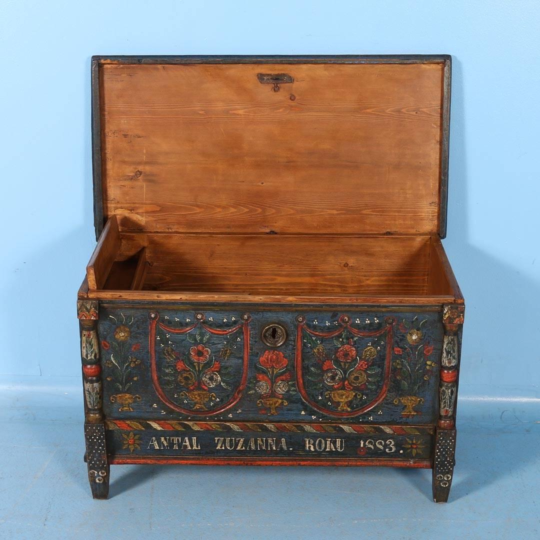 Antique Original Blue Painted Trunk from Romania, Dated 1883 2