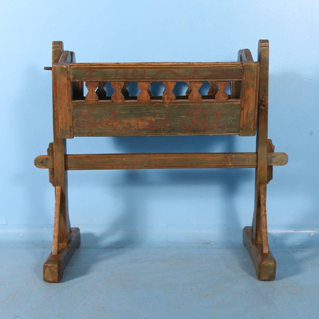 Hungarian Antique Cradle with Original Green Paint, Dated 1893