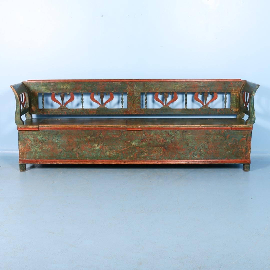 Country Antique Original Painted Long Green Storage Bench, circa 1860
