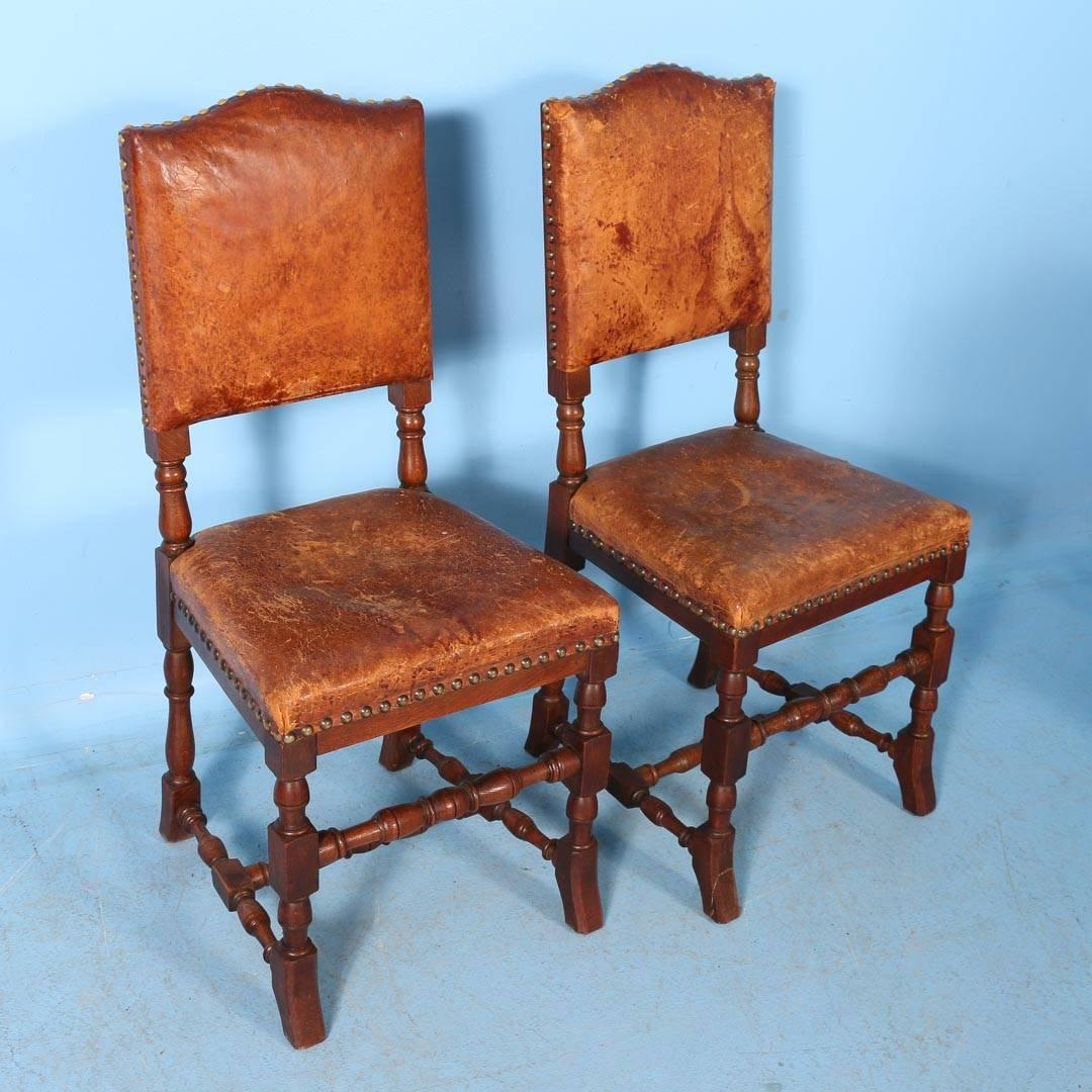 Baroque Set of Ten Oak Dining Chairs with Leather Seats and Back, Denmark, circa 1890