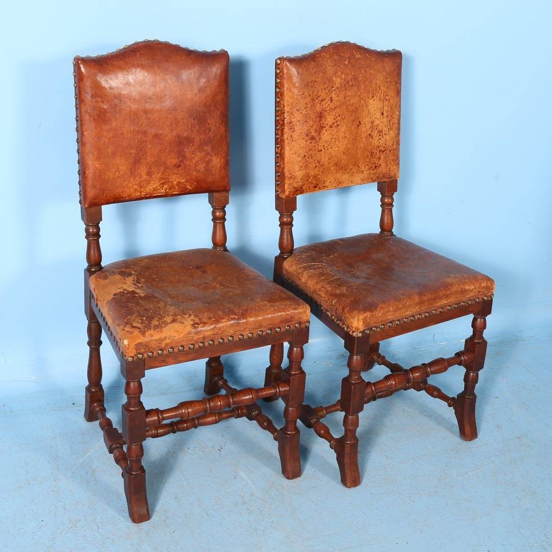Danish Set of Ten Oak Dining Chairs with Leather Seats and Back, Denmark, circa 1890
