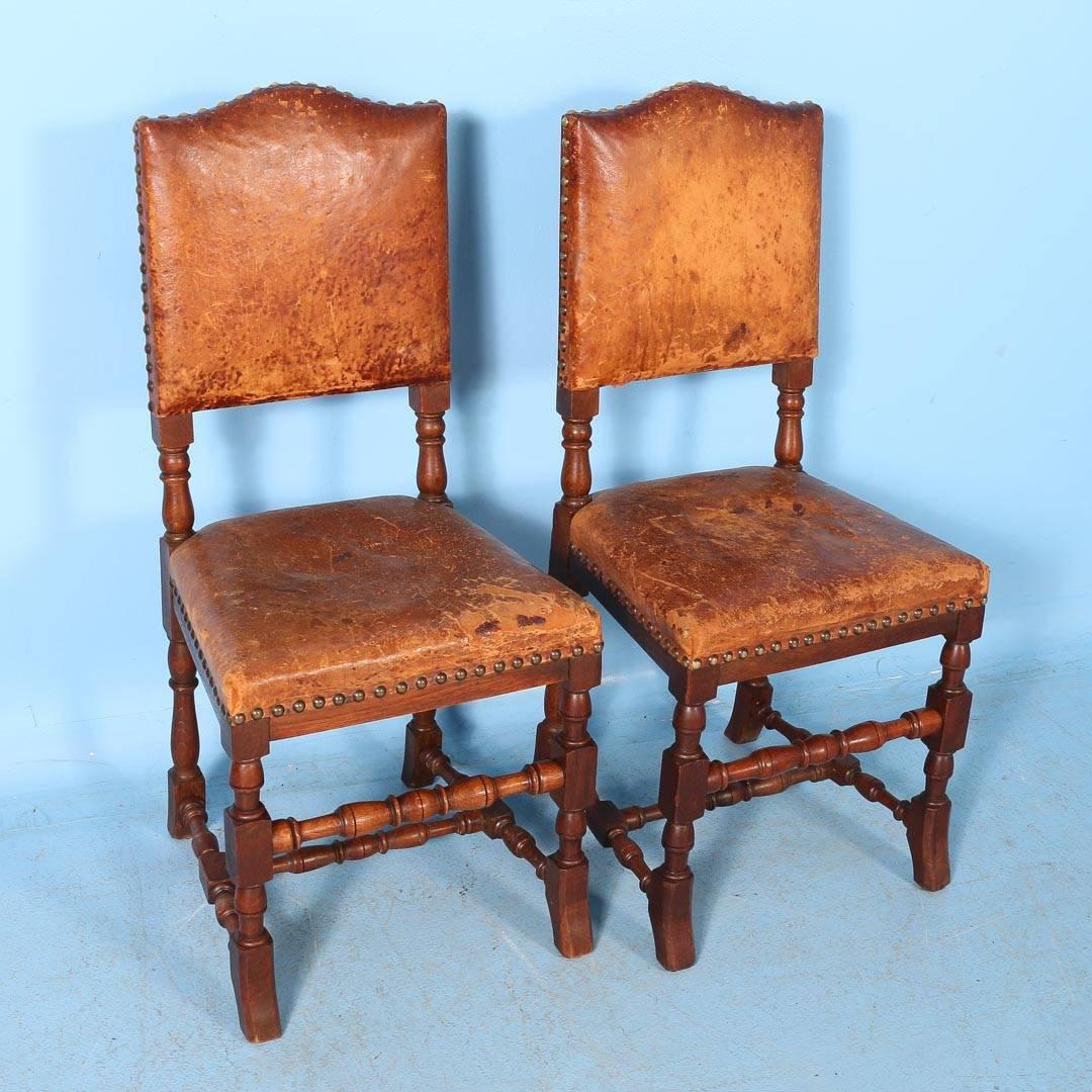 Set of Ten Oak Dining Chairs with Leather Seats and Back, Denmark, circa 1890 In Good Condition In Round Top, TX