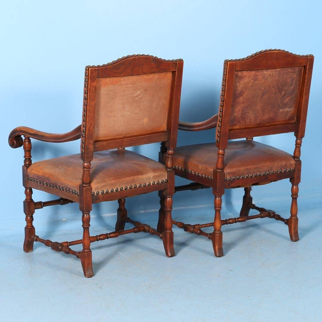 Set of Ten Oak Dining Chairs with Leather Seats and Back, Denmark, circa 1890 1