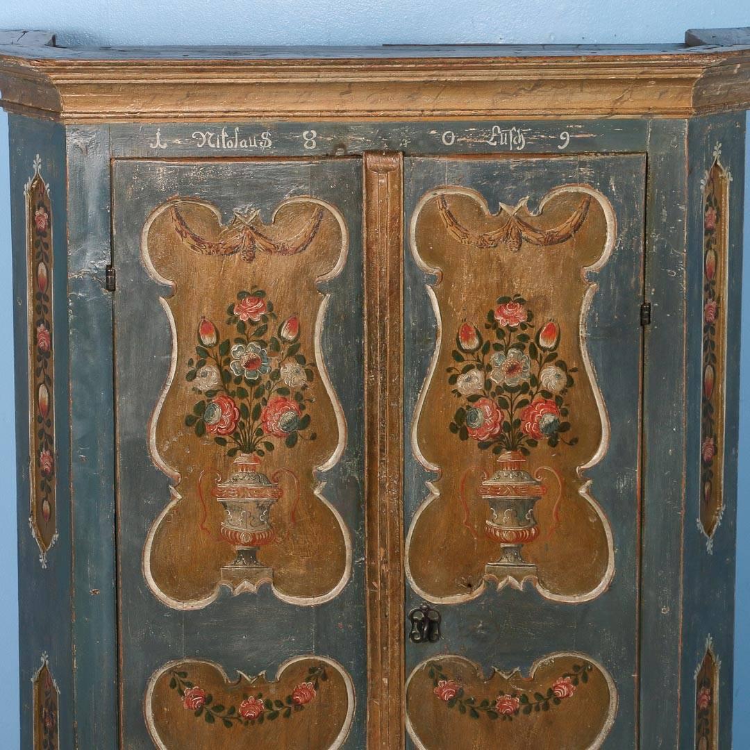 Hungarian Antique Armoire from Hungary with Original Blue/Grey Paint, Dated 1809