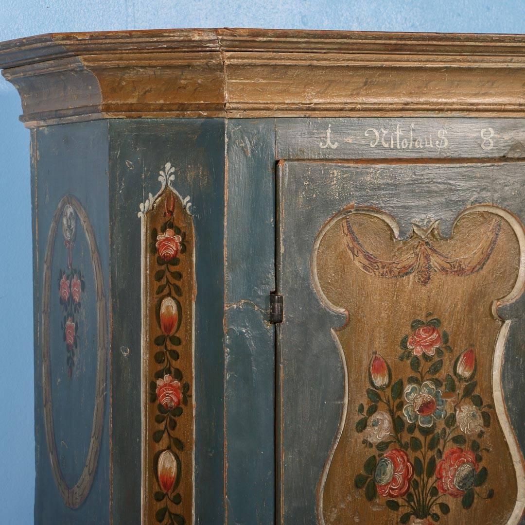 19th Century Antique Armoire from Hungary with Original Blue/Grey Paint, Dated 1809