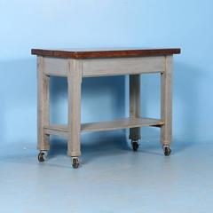 Antique Original Grey Painted Kitchen Island on Casters, Sweden, circa 1880