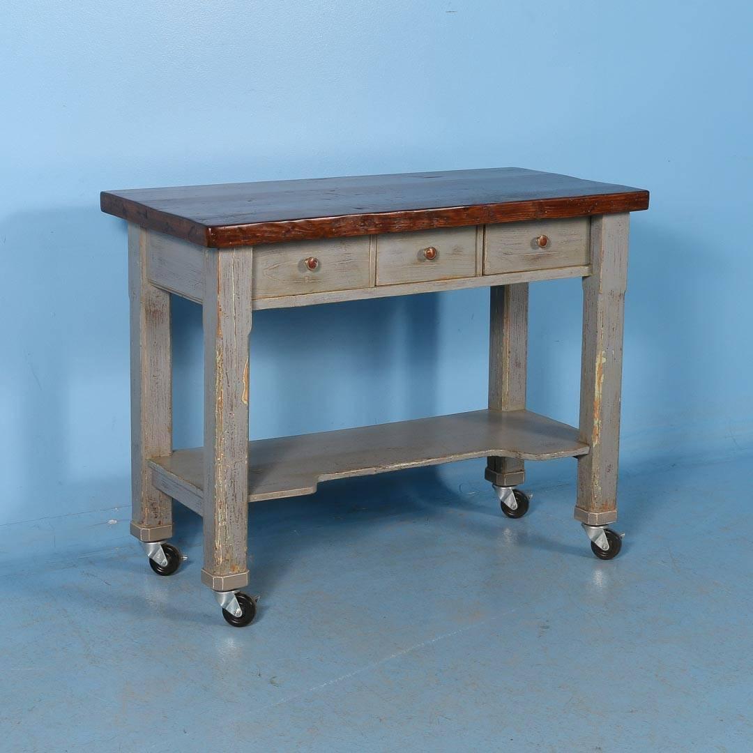 Antique Original Grey Painted Kitchen Island on Casters, Sweden, circa 1880 In Good Condition In Round Top, TX
