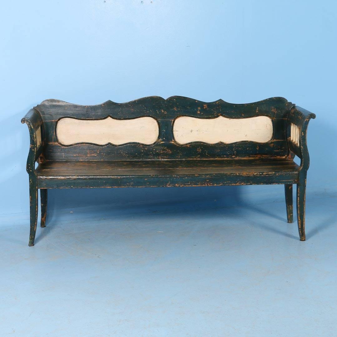 Country Antique Bench with Original Dark Blue Paint from Hungary, circa 1860