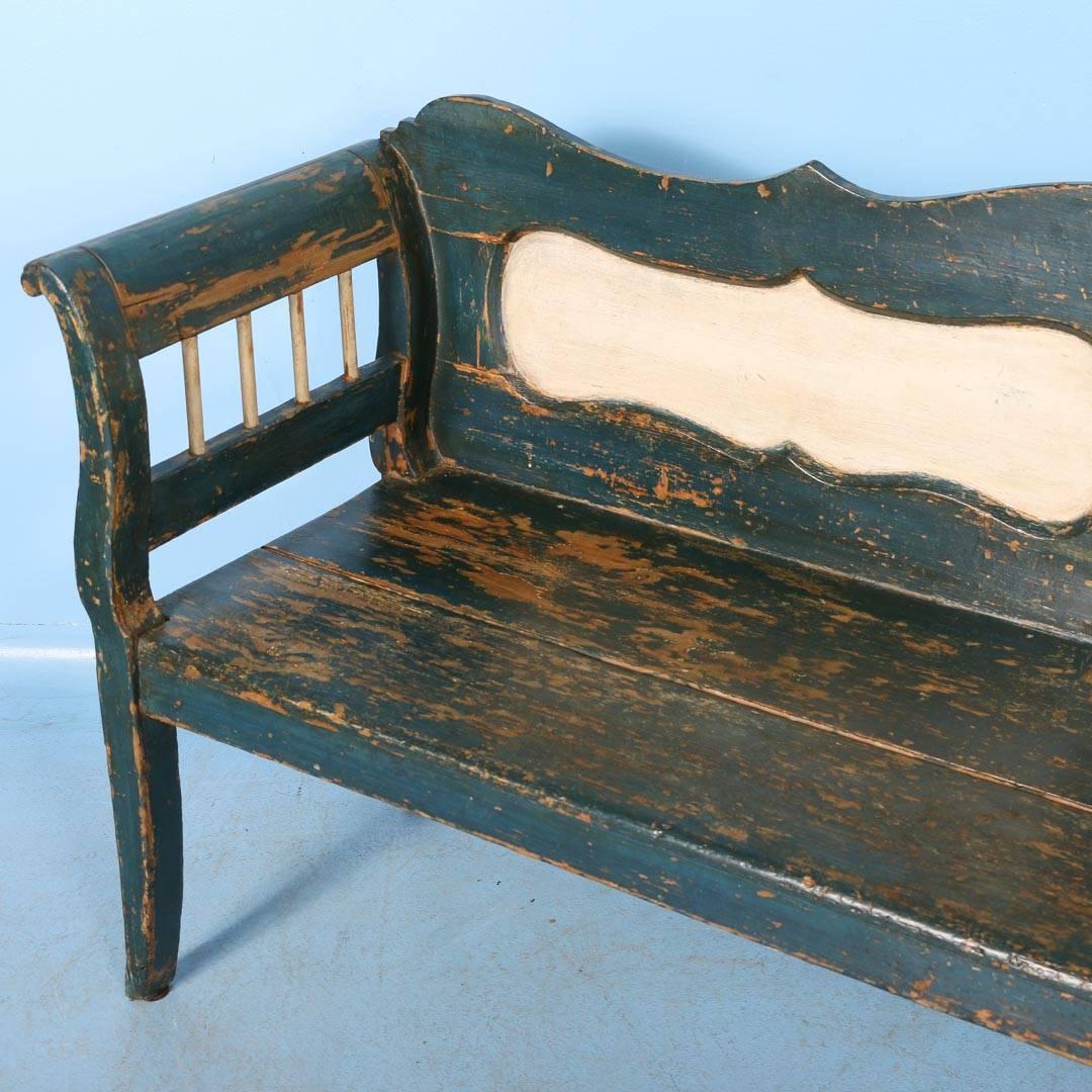 19th Century Antique Bench with Original Dark Blue Paint from Hungary, circa 1860