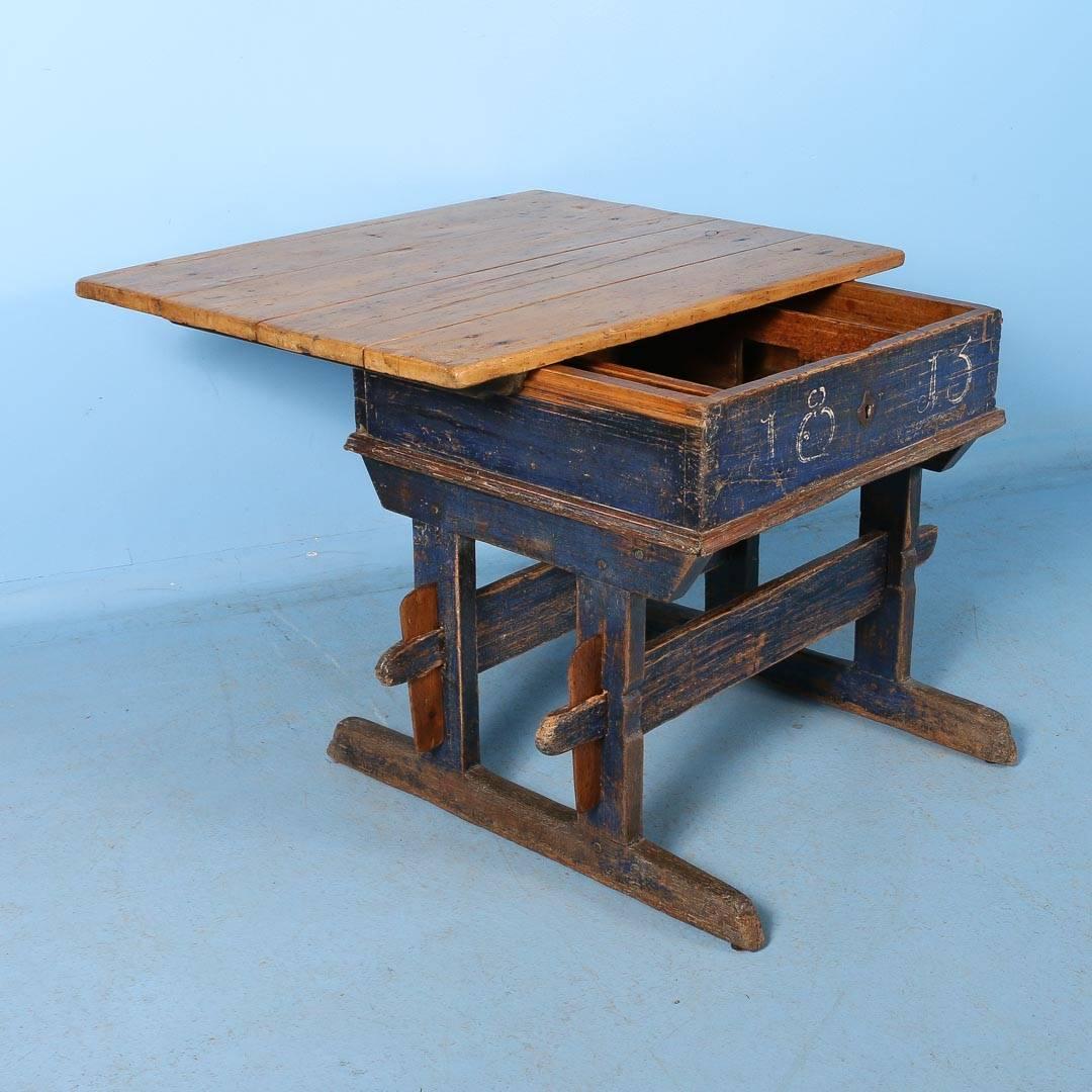 19th Century Antique Baker's Table with Original Blue Paint, Dated 1813