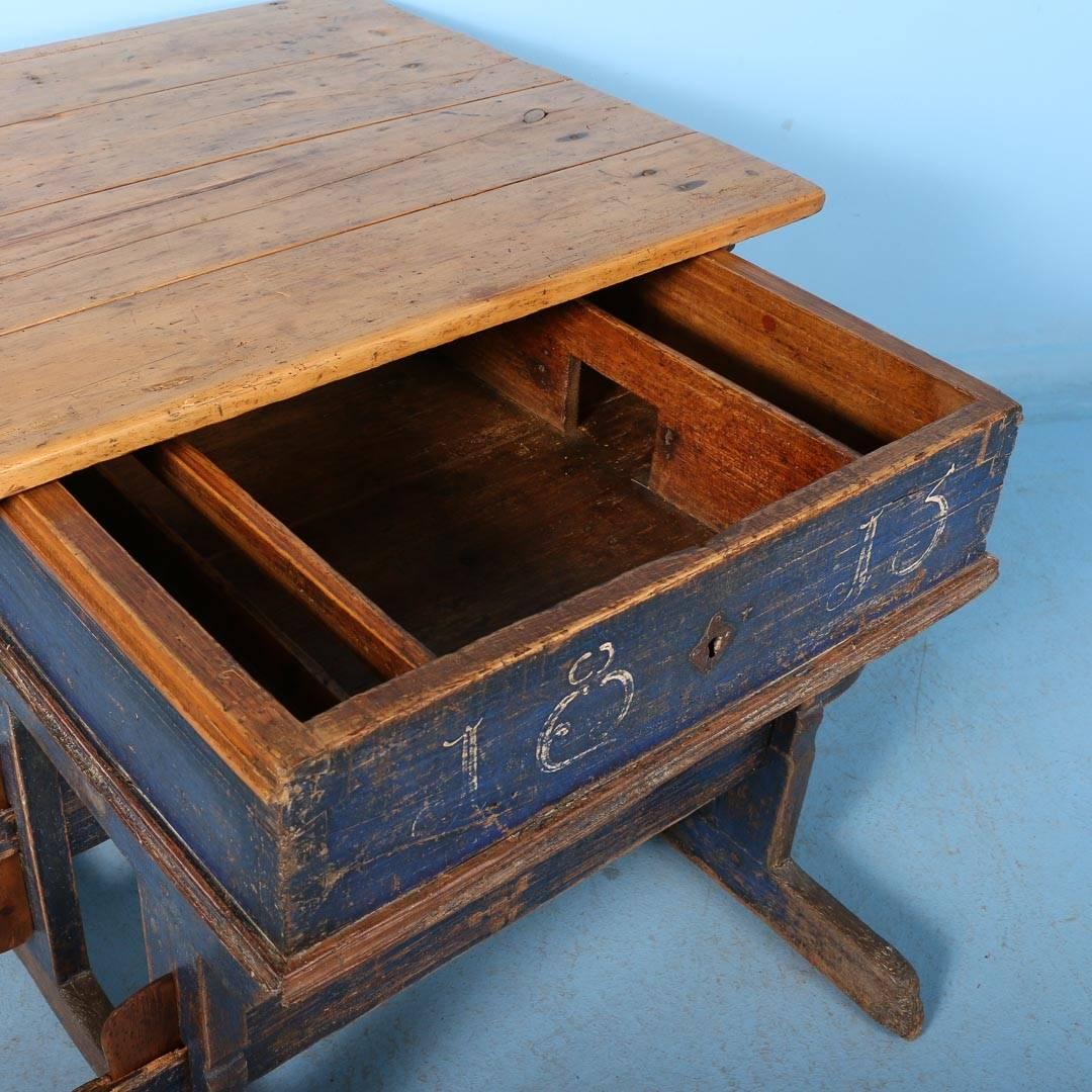 Antique Baker's Table with Original Blue Paint, Dated 1813 1
