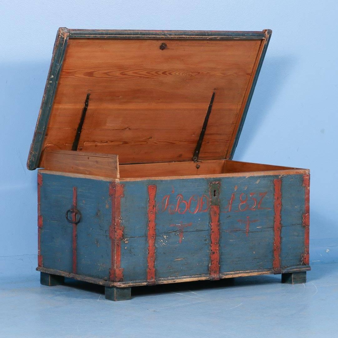 Antique Originally Painted Blue Swedish Trunk, Dated 1837 In Good Condition In Round Top, TX