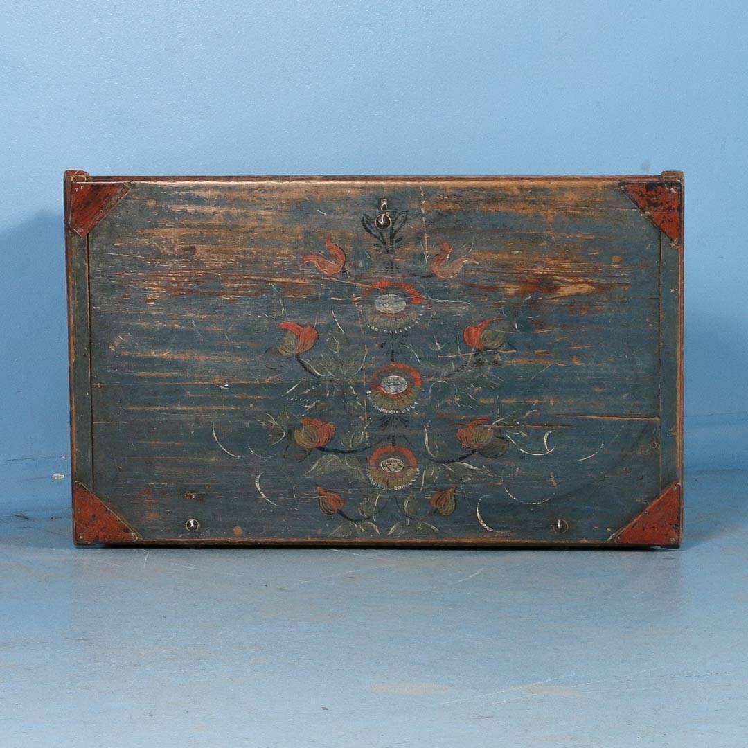 Antique Originally Painted Blue Swedish Trunk, Dated 1837 1