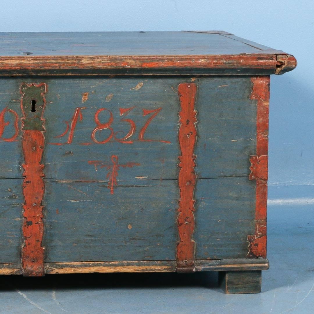 Antique Originally Painted Blue Swedish Trunk, Dated 1837 2