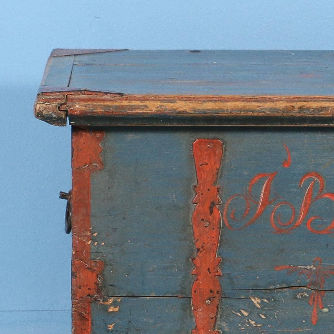 Antique Originally Painted Blue Swedish Trunk, Dated 1837 3