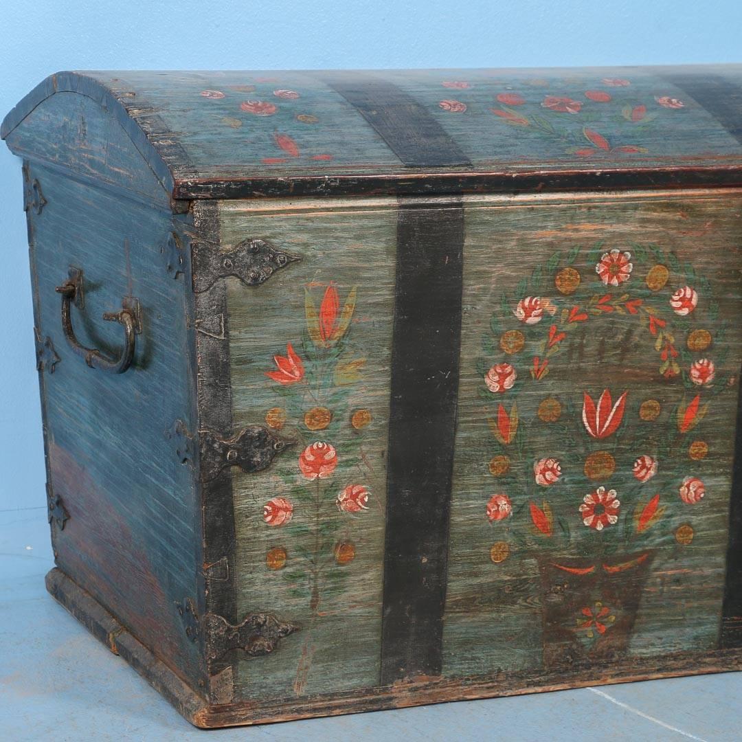 Antique Dome Top Trunk with Original Blue Paint from Sweden, Dated 1840 2