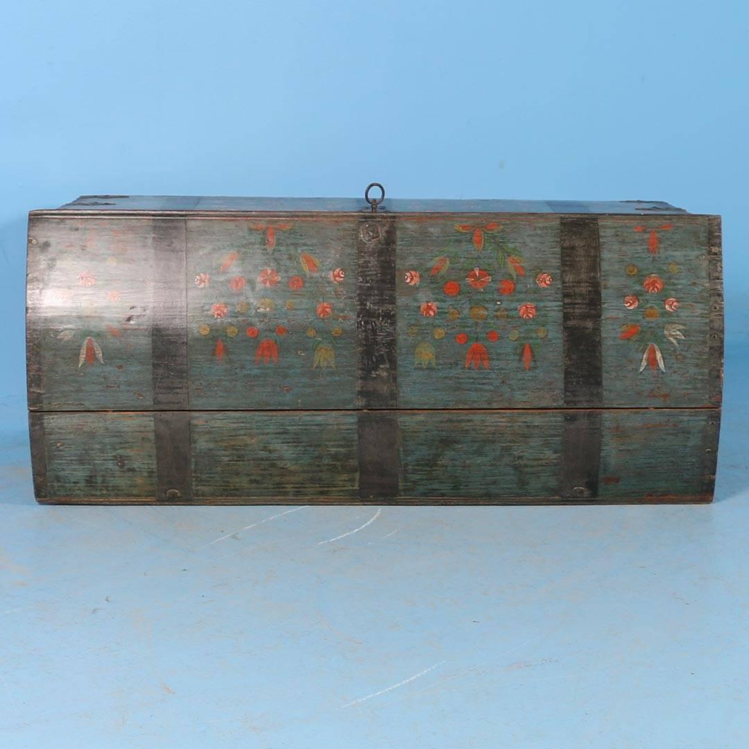Antique Dome Top Trunk with Original Blue Paint from Sweden, Dated 1840 In Good Condition In Round Top, TX