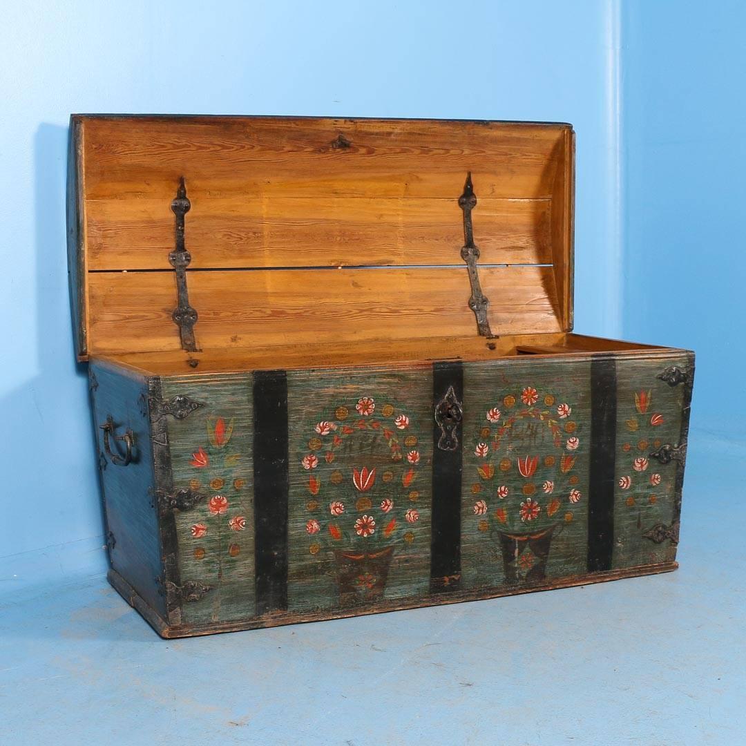 19th Century Antique Dome Top Trunk with Original Blue Paint from Sweden, Dated 1840