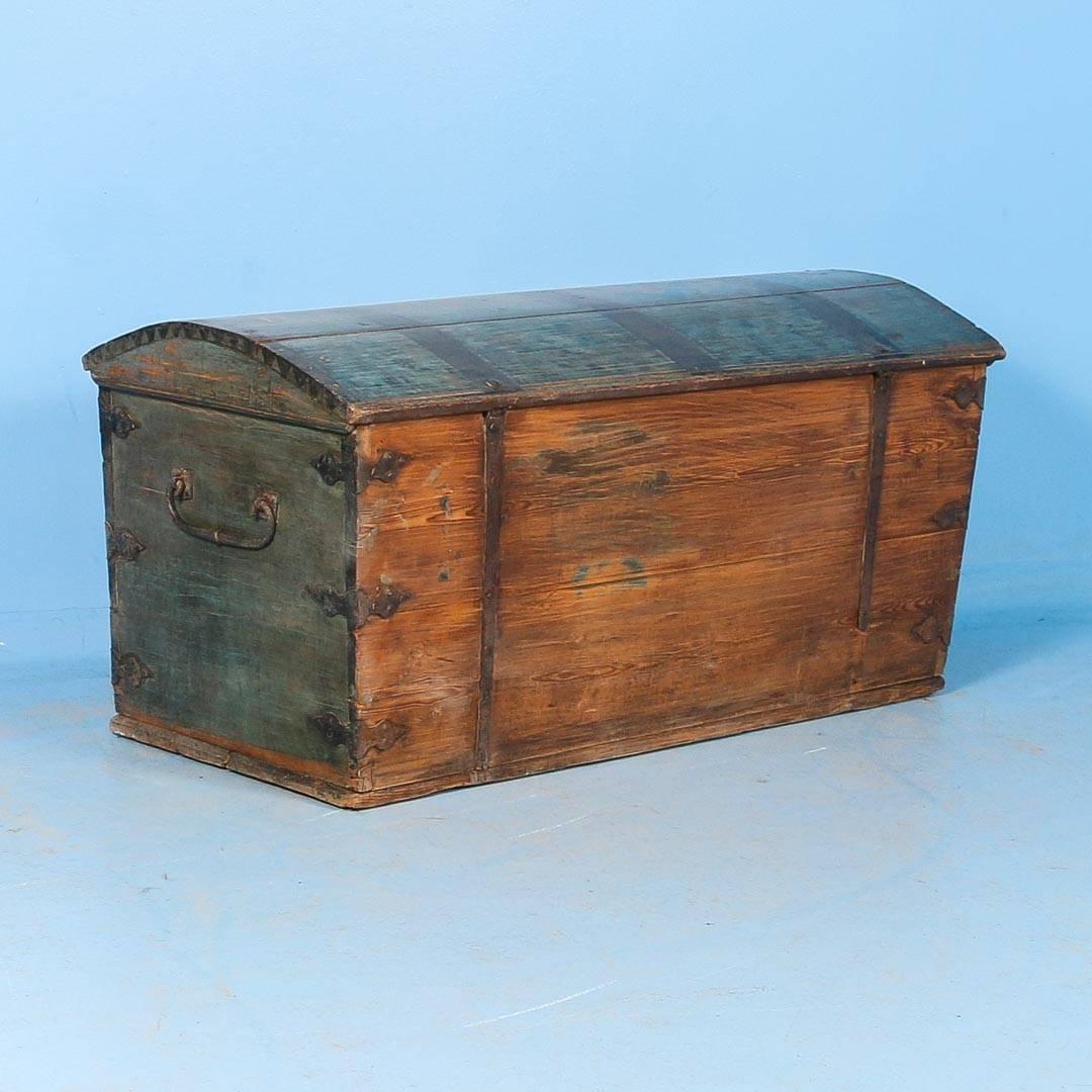 Swedish Antique Dome Top Trunk with Original Blue Paint from Sweden, Dated 1840