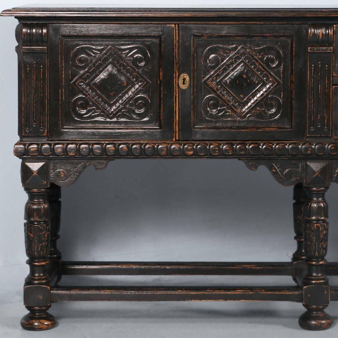 Antique English Long Carved Buffet Sideboard, Painted Black, circa 1880 In Good Condition In Round Top, TX