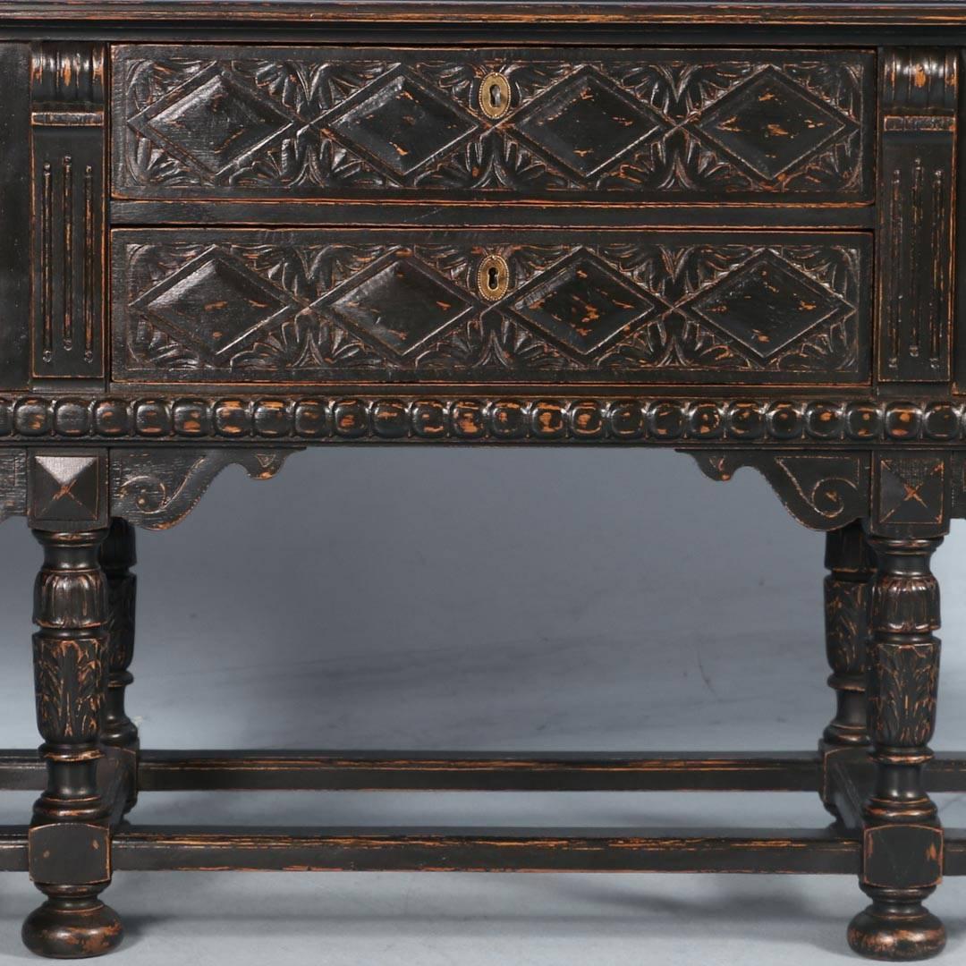 19th Century Antique English Long Carved Buffet Sideboard, Painted Black, circa 1880