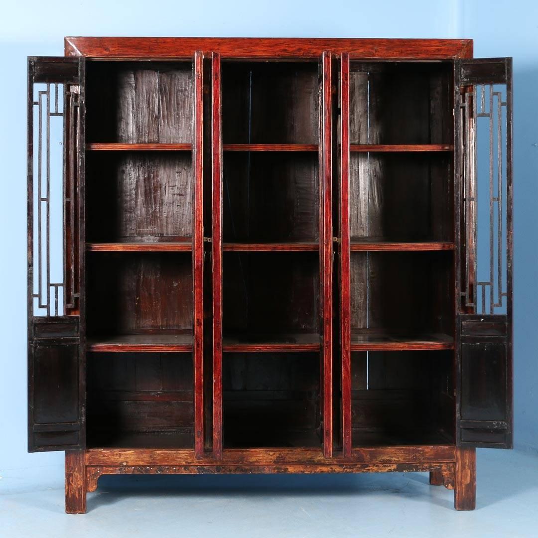 Chinese Antique Red Lacquered Six-Door Bookcase Cabinet from China, circa 1840-1860