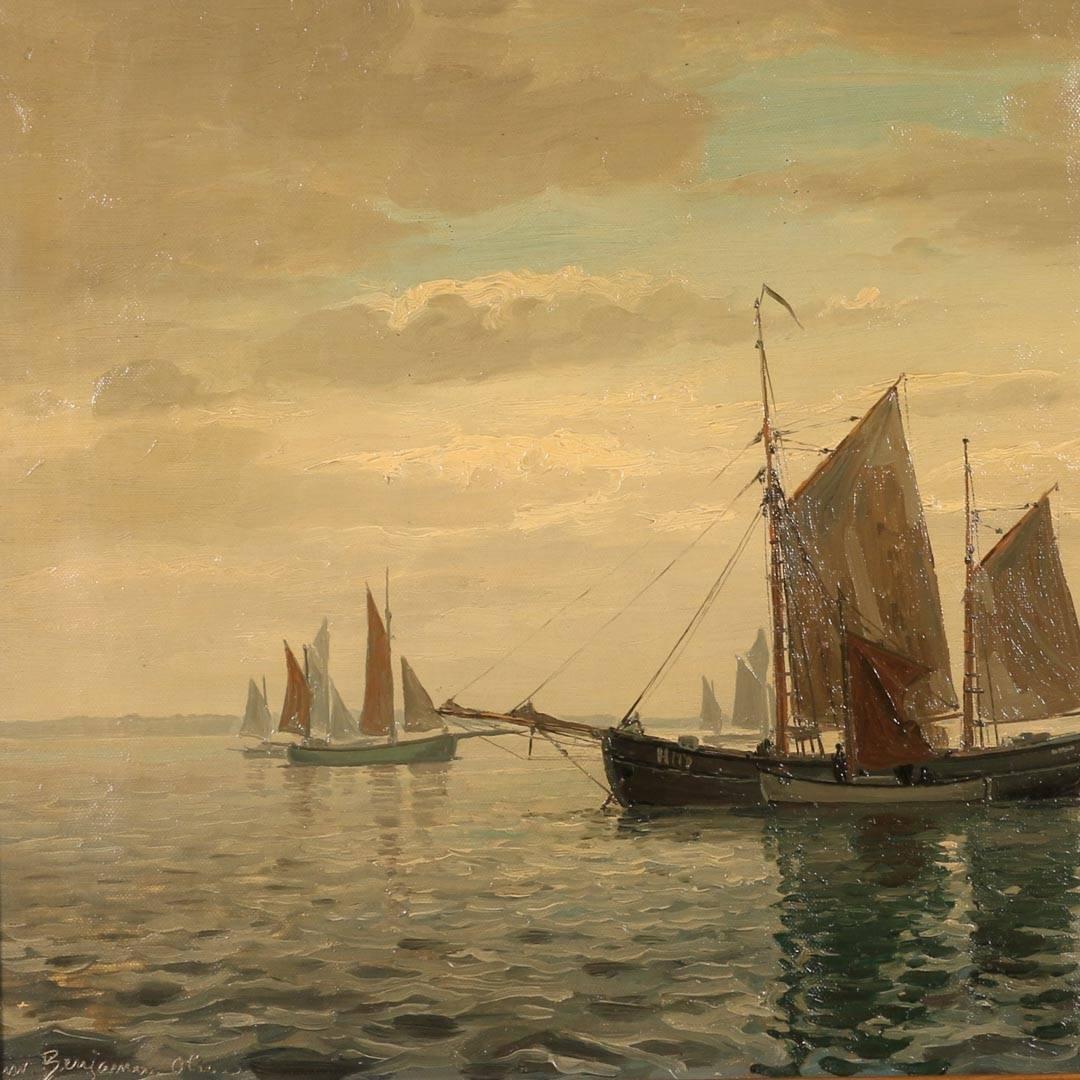 Danish Original Oil on Canvas of Sailboats, Signed Benjamine Olsen