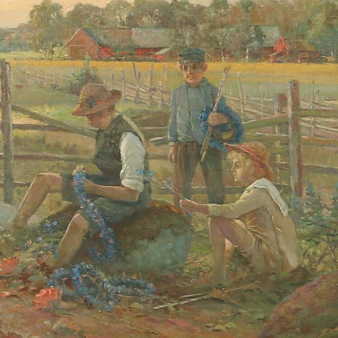 Delightful painting of 3 children in Swedish country farm setting making blue floral garlands. Unknown Swedish artist, oil on canvas. Please enlarge and examine photos to appreciate the details of the painting. 

** In light of current affairs and