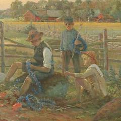 Original Oil on canvas Painting; Children Making Flower Garlands, circa 1920