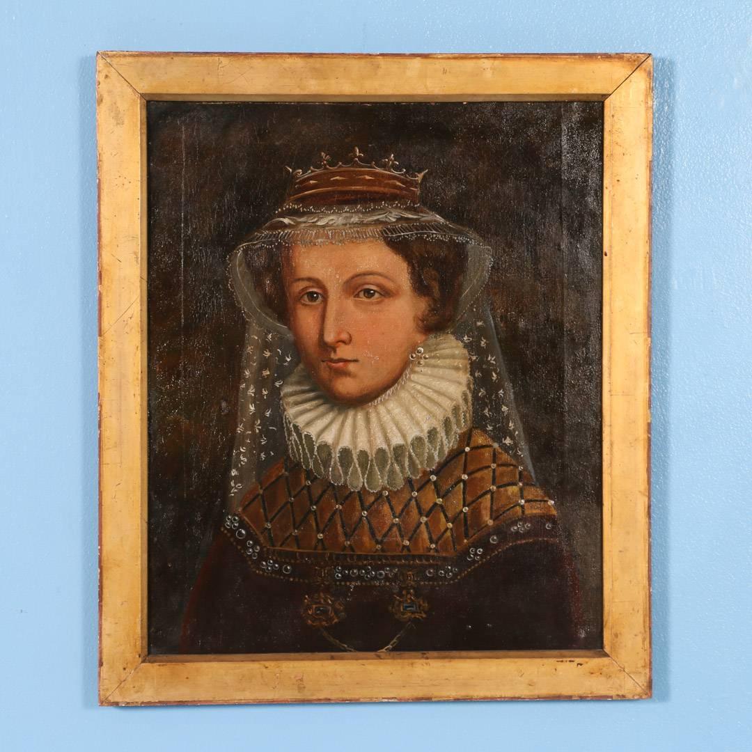 Oil on canvas portrait of a lady with a delicate crown and traditional ruff. Please enlarge and examine the close up photos to appreciate the details of the painting. Some repairs and retouches have occurred over the 200 years. 

Scandinavian