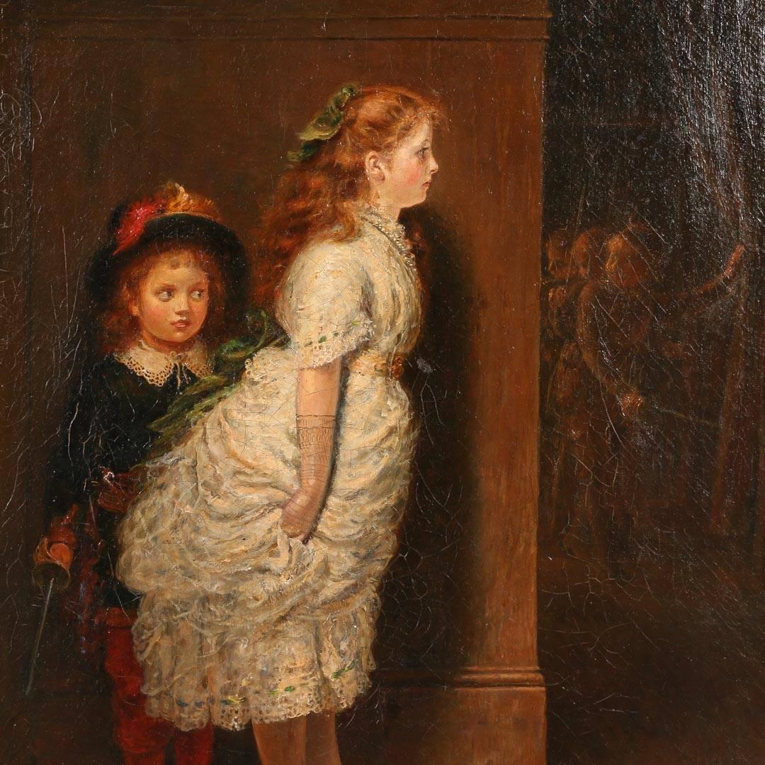 Original oil on canvas interior scene of children playing by Francis Wilfred Lawson, 1842 - 1935. Signed in the lower left F.W. Lawson with an indistinct title below the signature. Ornate gilded period frame with minor abrasions and cracks to the