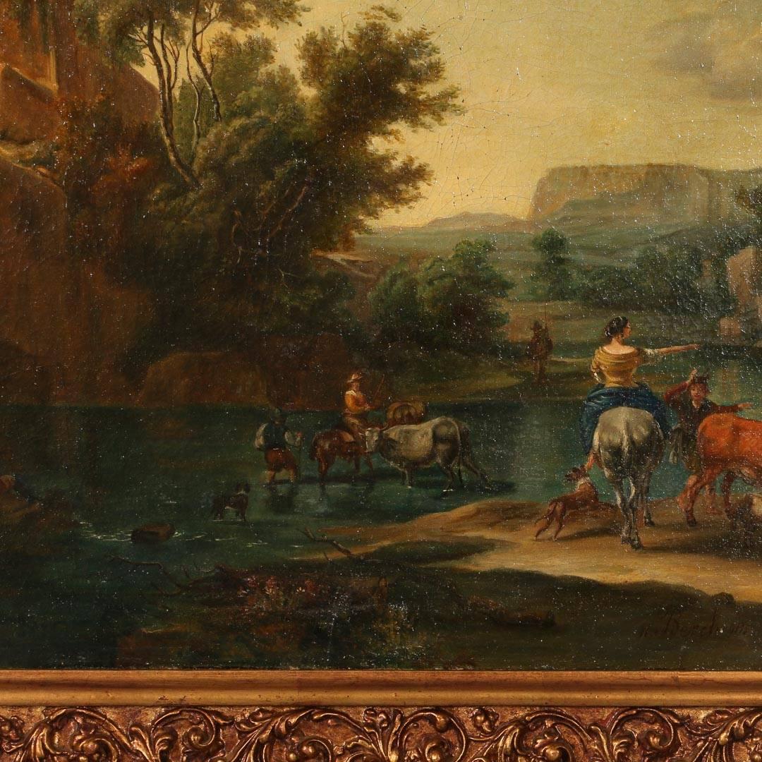 Original Oil on Canvas, Signed Flemish Landscape of River Crossing with Cattle 2