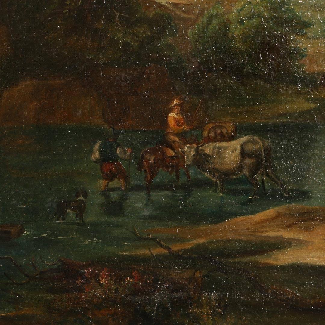 Original Oil on Canvas, Signed Flemish Landscape of River Crossing with Cattle 1