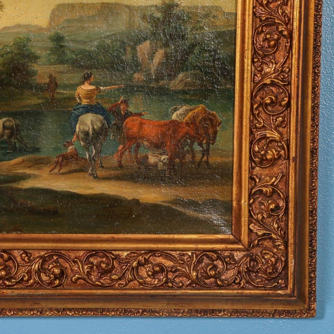 19th Century Original Oil on Canvas, Signed Flemish Landscape of River Crossing with Cattle