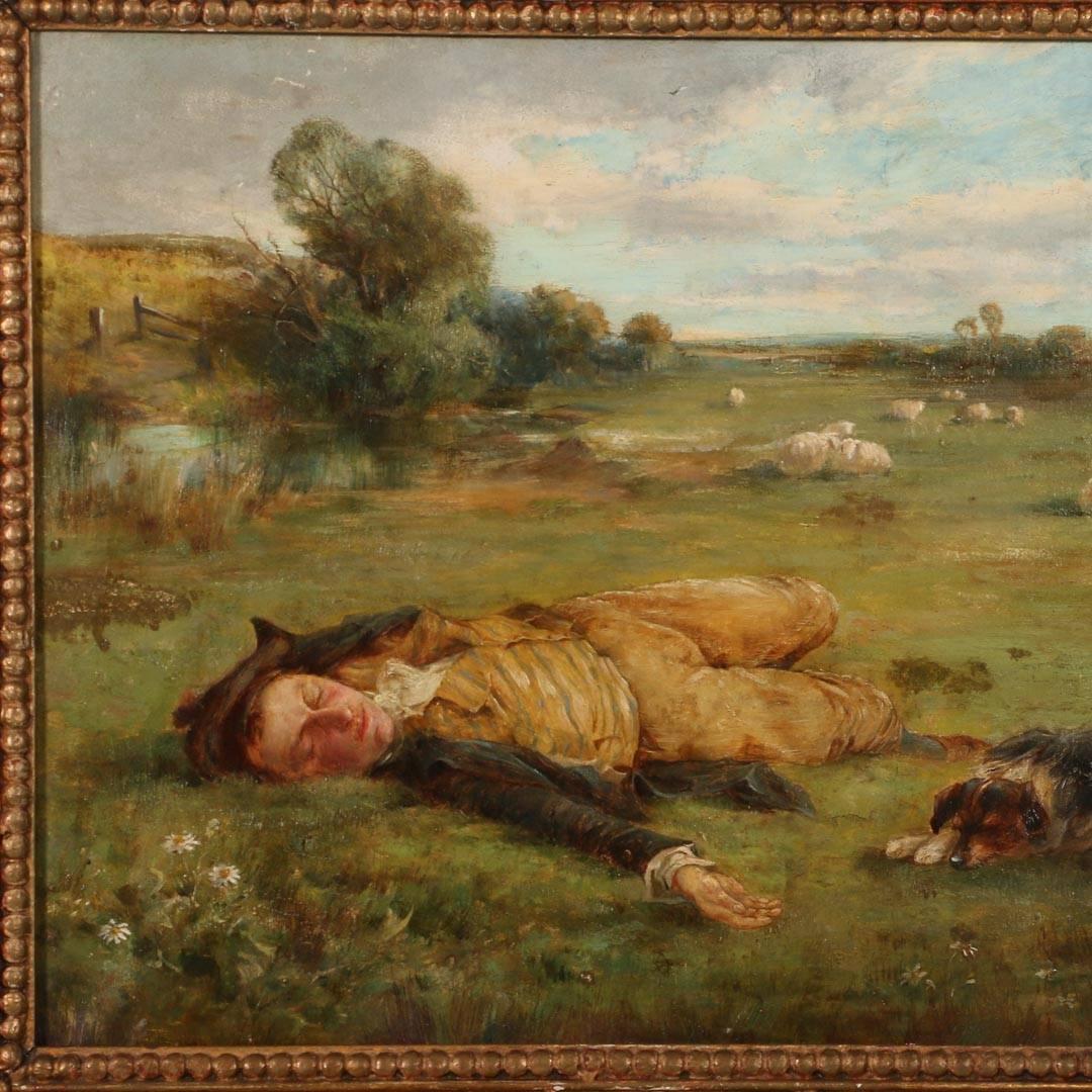 Original oil on canvas of a sleeping shepherd and his dog in a Scottish or English landscape, circa 1900. Please examine and enlarge the photos to appreciate the delicate detail of this lovely painting. Also notice the elaborate frame. 

