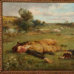 Oil on Canvas Landscape of Shepherd and His Dog, circa 1900