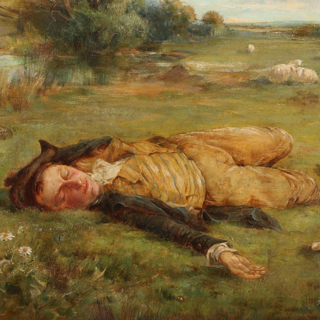English Oil on Canvas Landscape of Shepherd and His Dog, circa 1900