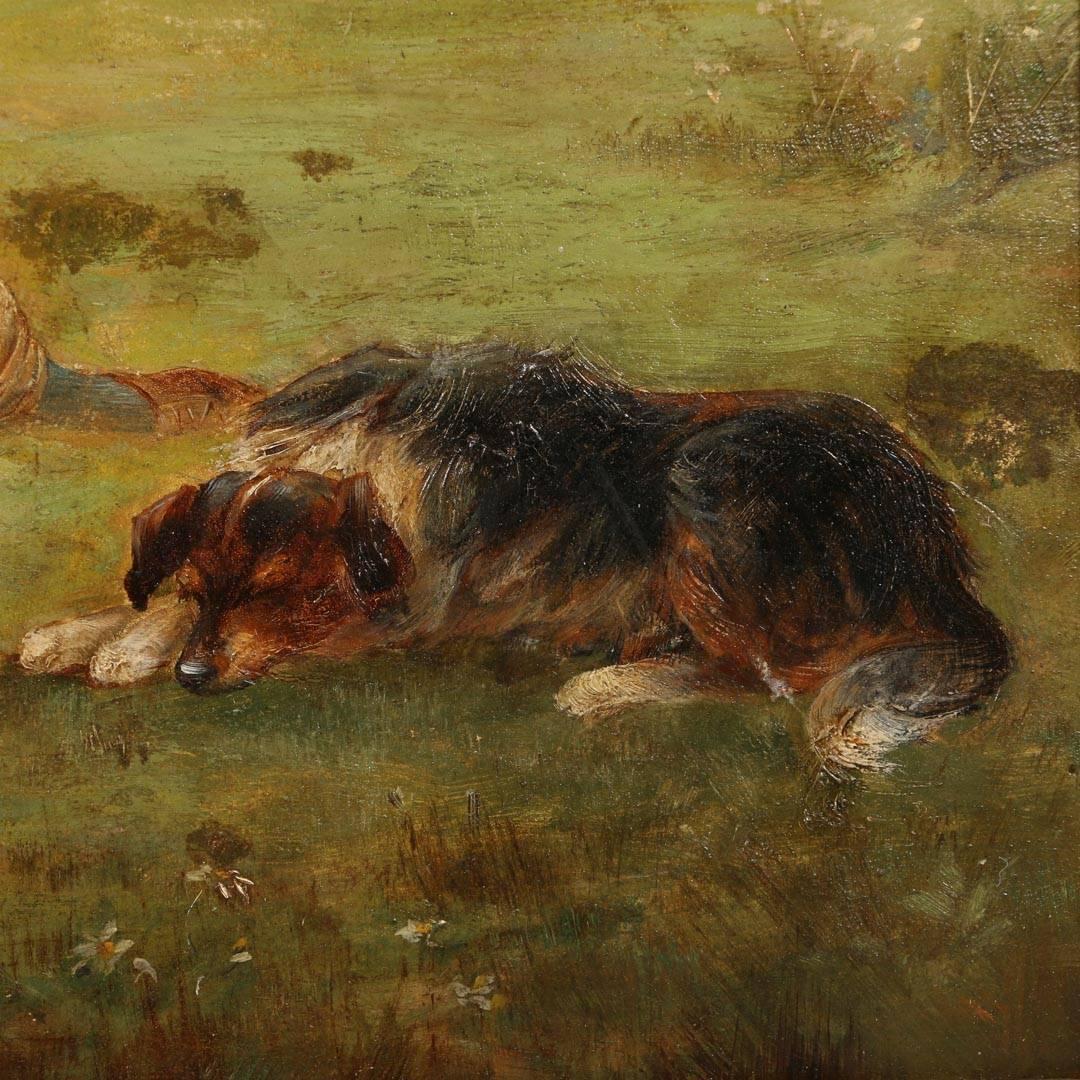 Oil on Canvas Landscape of Shepherd and His Dog, circa 1900 In Good Condition In Round Top, TX