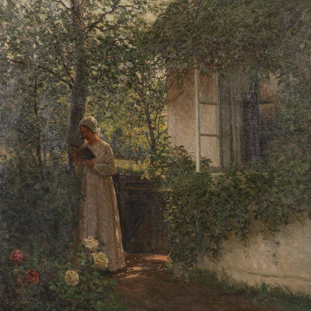 Oil on canvas by Danish artist Alfred Broge (1870-1955). Half-timbered house covered in ivy and female figure reading a book. Notice the red and white roses in the garden. Signed and dated Alf. Broge 1919. Please examine and enlarge the photos to
