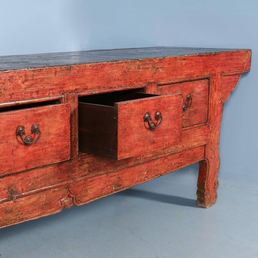 Wood  Antique Very Long Chinese Lacquered Red Sideboard or Console, circa 1770