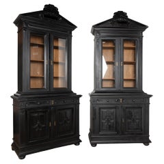 Pair, 19th C. Black French Oak Bookcases Display Cabinets w/ Adjustable Shelving